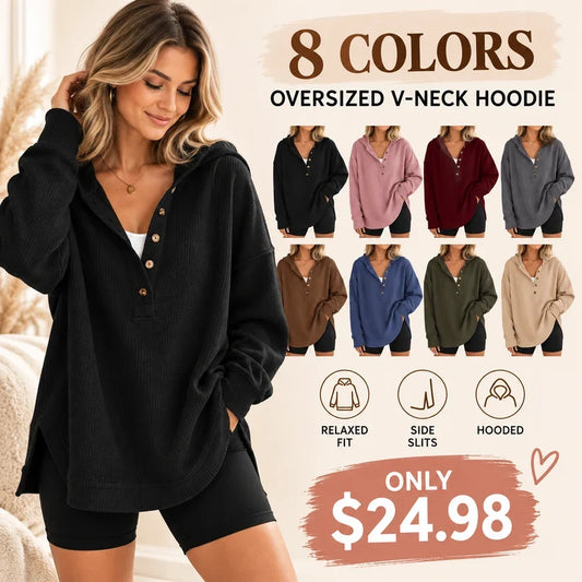 Women's Oversized V-Neck Hoodie – Relaxed Button Pullover with Side Slits
